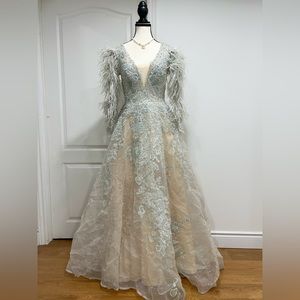 Size 10(XL) real fur long sleeves/ customized handbeand / gray / luxury dress